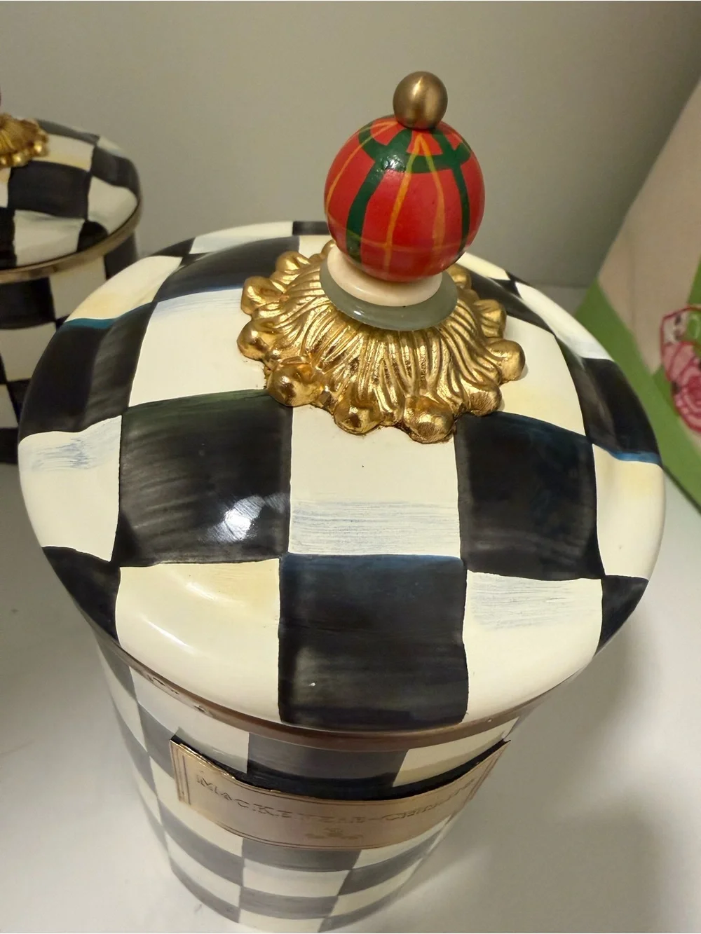 MacKenzie-Childs Black & White Courtly Check Ceramic Canister with Tartan Finial